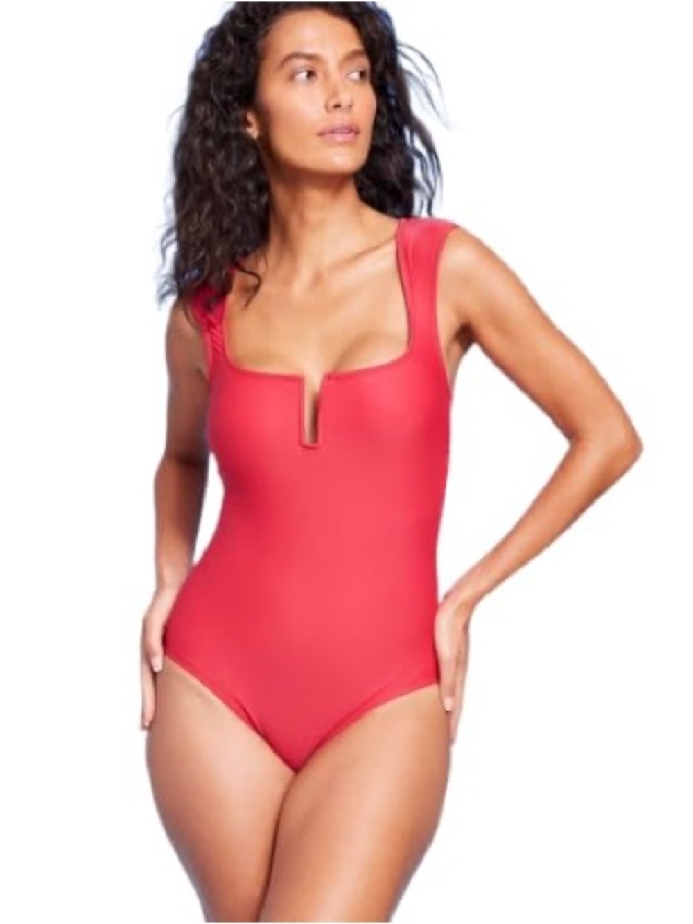 Kona Sol Coral V-Notch Square Neck One-Piece Swimsuit